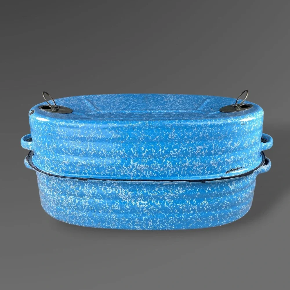 1911 Reed Blue Speckle Roaster Graniteware 3 Piece Dutch Oven Primitive Decor